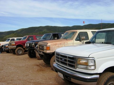 1985 Ford Bronco - Multiple Ford trucks and SUVs are parked in a line on a dirt lot under a partly cloudy sky.