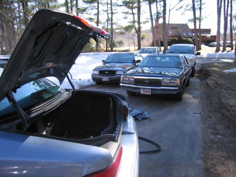 1991 Ford LTD Crown Victoria - Multiple vehicles are parked on a driveway, including a dark blue Ford Crown Victoria.