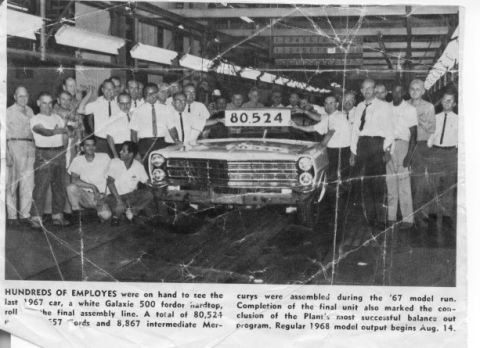 1997 Ford Crown Victoria - Employees celebrate the completion of the last 1967 car, a white Galaxie 500, on the final assembly line.