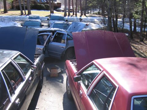 1991 Ford LTD Crown Victoria - Multiple sedans are parked in a driveway with their hoods open, suggesting maintenance or repair work is underway.