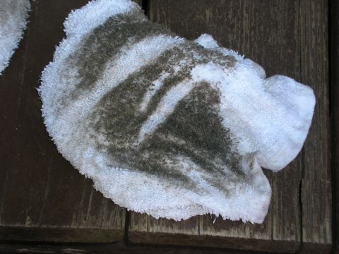 1998 Ford Taurus - A dirty rag lies on a wooden surface, showing evidence of recent use.