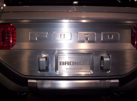 1989 Ford Bronco - The tailgate of a Ford Bronco features prominent lettering and a badge indicating '2004 NAIAS'.