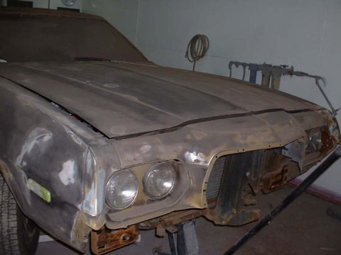 1972 Ford Ranchero - This 1972 Ford Ranchero is in the process of body repair, with its front end stripped down to primer and some rust visible.