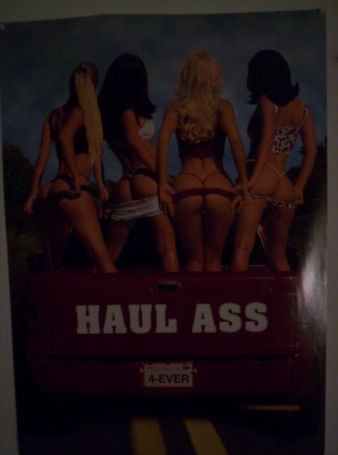 1971 Chevrolet Chevelle - A pickup truck bed displays the phrase 'HAUL ASS' with four women in bikinis posing.