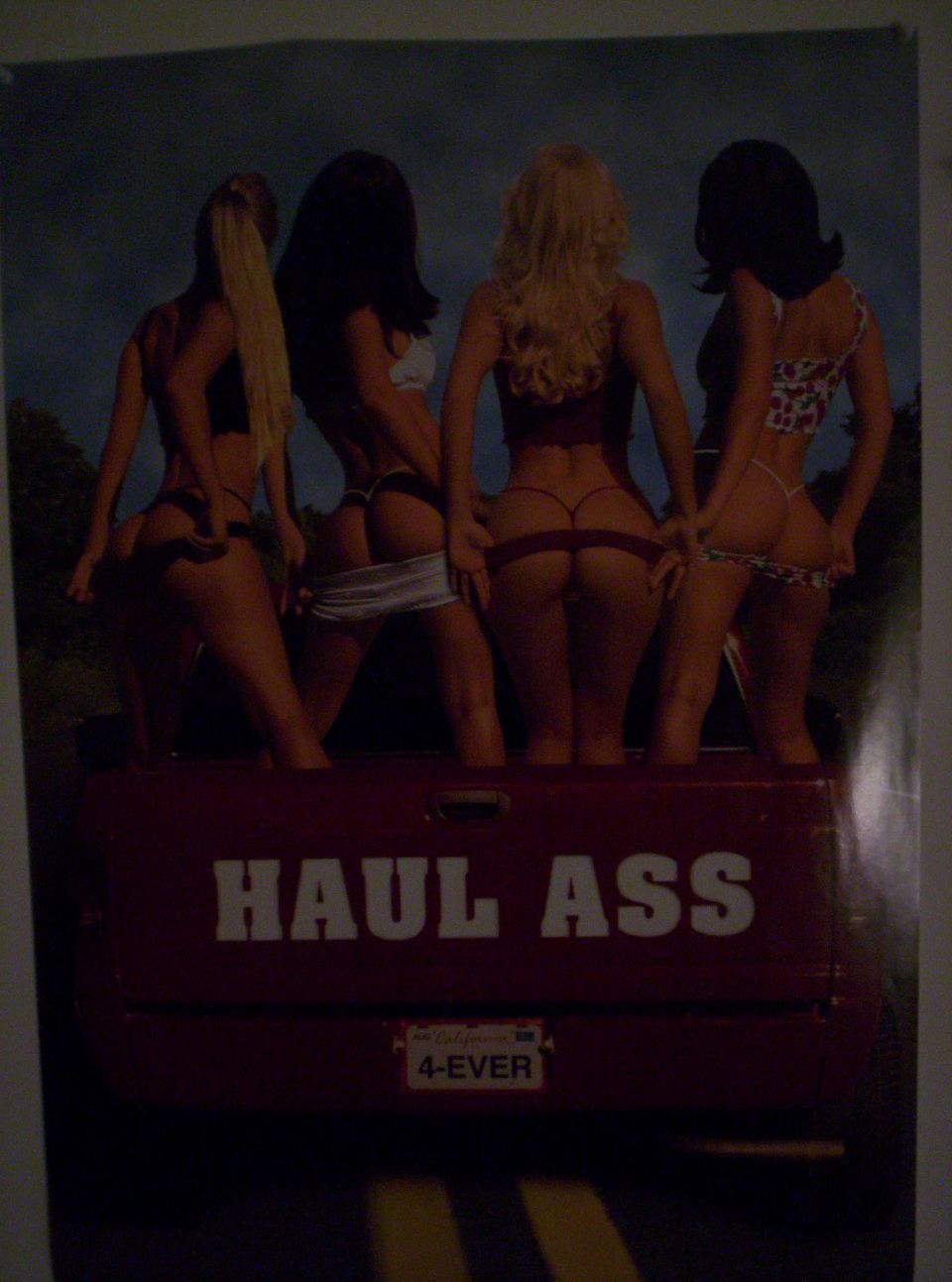 Red truck tailgate poster reading HAUL ASS with California 4-EVER plate