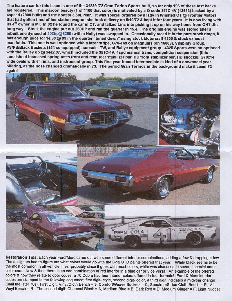 Maroon 1972 Ford Gran Torino Sport with a hood scoop, parked next to other cars