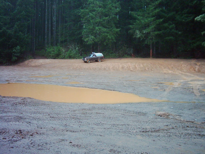 SUV driving on a muddy road near a forest with puddles