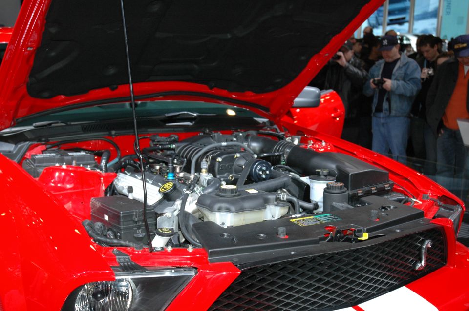 Engine bay of a red show coupe with V8 and black intake manifold