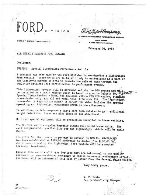 1963 Ford Galaxie - This 1963 Ford document details a special lightweight performance vehicle package for the Galaxie 500.