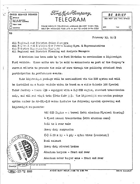 1963 Ford Galaxie - This 1963 Ford Motor Company telegram details a special lightweight conversion package for the Galaxie 500.