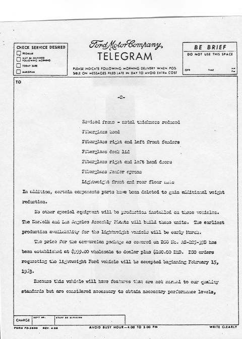 1963 Ford Galaxie - This document is a Ford Motor Company telegram detailing changes to vehicle construction for weight reduction.