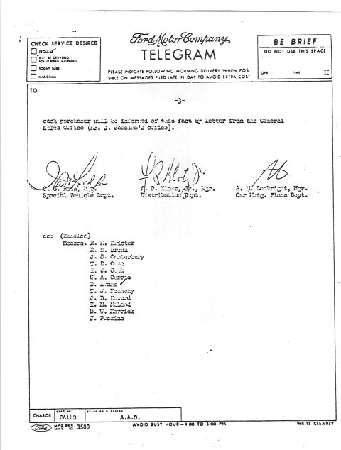 1963 Ford Galaxie - A Ford Motor Company Telegram document displays official signatures and a distribution list.