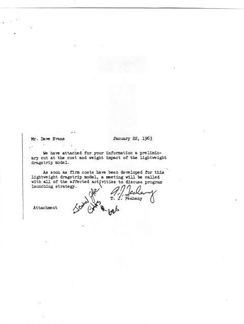 1963 Ford Galaxie - Document discusses cost and weight impact of a lightweight dragstrip model, with signatures at the bottom.