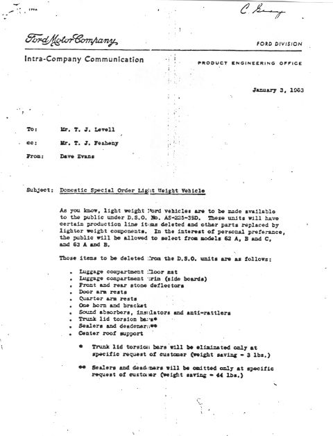 1963 Ford Galaxie - This document details items to be deleted from light weight vehicles for weight savings.