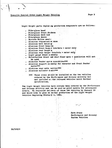 1963 Ford Galaxie - This document lists light weight parts replacing production components and discusses pilot models.