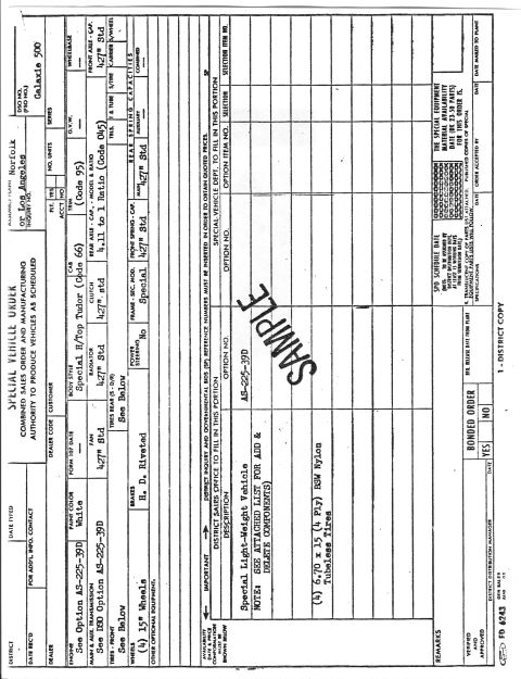 1963 Ford Galaxie - This document is a Special Vehicle Order for a 1963 Ford Galaxie 500, detailing options and specifications.
