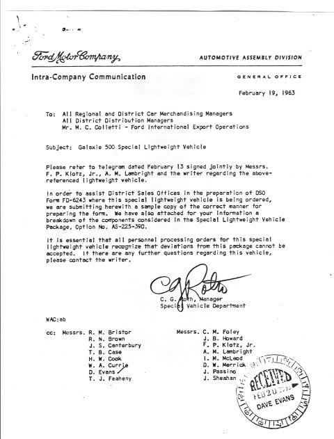 1963 Ford Galaxie - This is an intra-company communication from Ford Motor Company dated February 19, 1963.