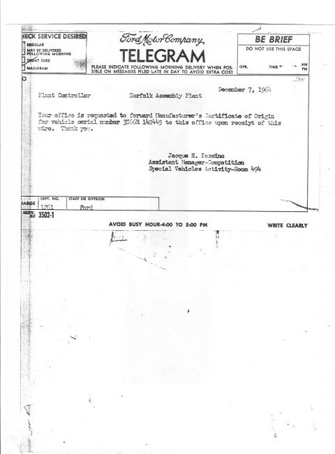 1963 Ford Galaxie - This document is a telegram from Ford Motor Company dated December 7, 1964.