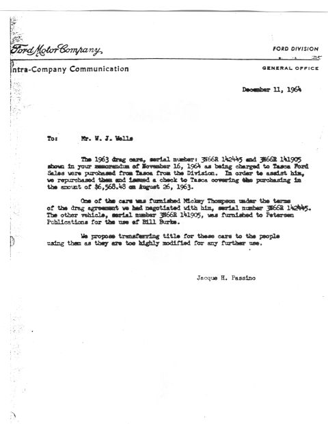 1963 Ford Galaxie - This document from Ford Motor Company discusses two 1963 drag cars and their serial numbers.