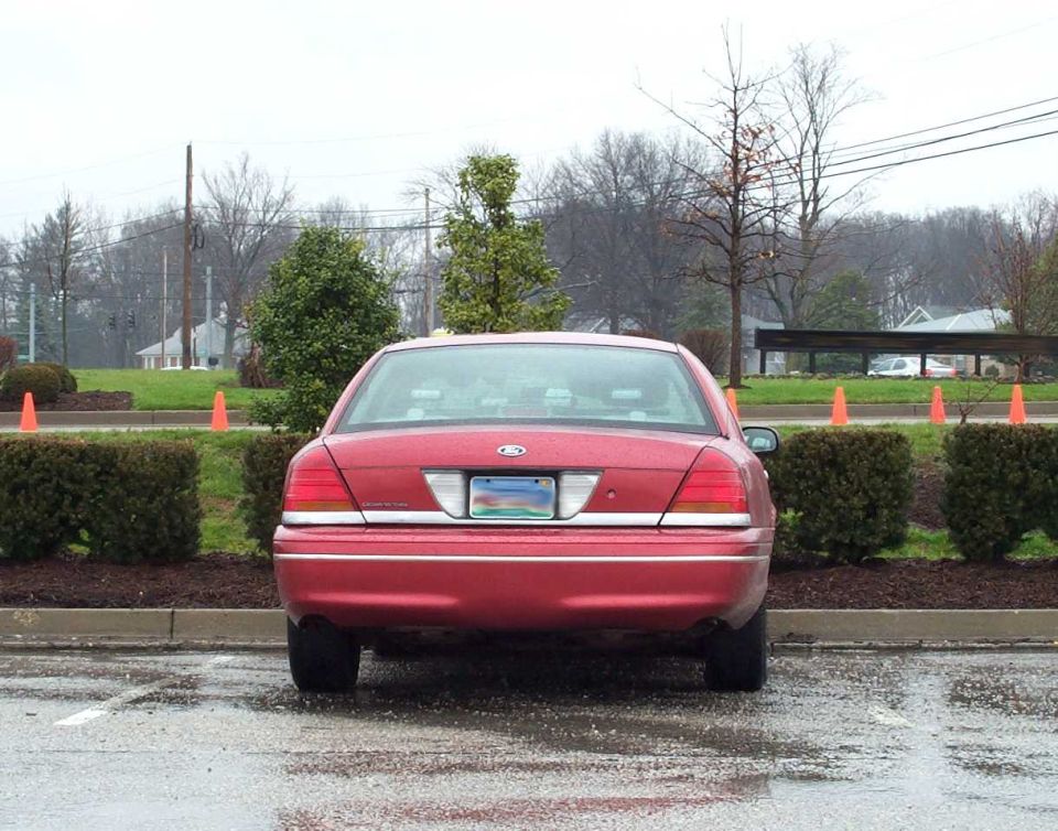 Red Ford Crown Victoria sedan, straight-on rear view in a wet parking lot