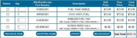 1985 Ford LTD Crown Victoria - Screenshot of a BikeBandit.com shopping cart with part numbers and prices, not a technical diagram.