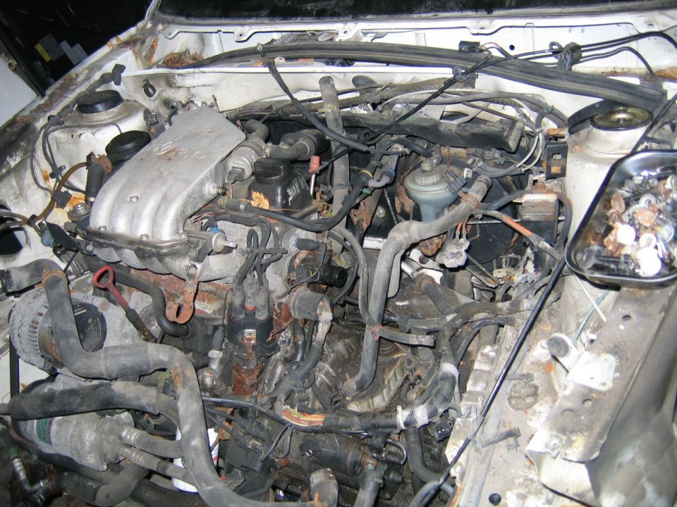 Engine bay with lots of wires and hoses, some rust visible