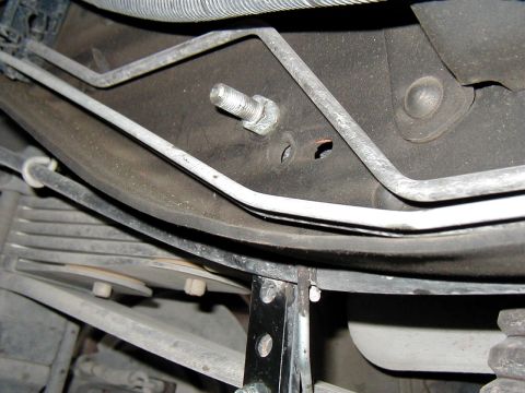 2002 Ford Excursion - Frame mounted bolt for the Hellwig on the drivers side,I left the E-Brake cable bracket hanging which will pose no problem.