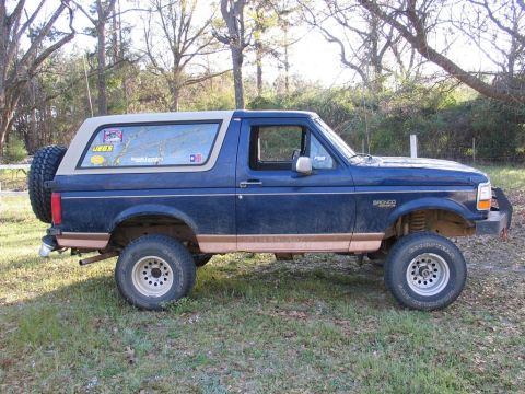 1995 Ford Bronco - This 1995 Ford Bronco is seen from the side, its distinctive blue paint with tan lower trim and a rear-mounted spare tire.