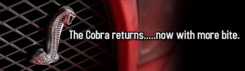 2000 Ford Mustang - A close-up of a car's grille features a Cobra emblem and text announcing the return of 'The Cobra'.