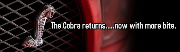 Chrome Mustang Cobra snake emblem on a red mesh grille with promotional text overlay
