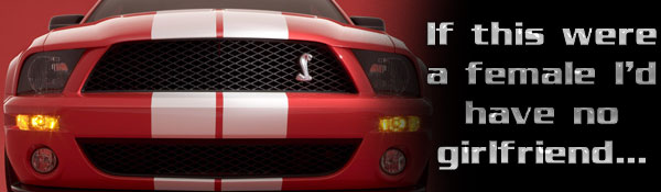 Red Mustang front end with white stripes and Cobra grille emblem, with meme text overlay