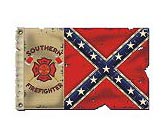 1990 Ford Bronco - A distressed flag displays the Confederate battle flag design alongside text and a symbol for firefighters.