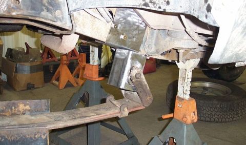 1986 Ford Ranger - Front hanger for rear leafs roughed in. 3" square. The two bolts pic'd are in pre-existing holes - every little bit helps make it go faster…