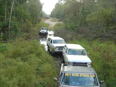 1989 Ford Bronco - Several off-road vehicles navigate a wet, wooded path, with one white Bronco in the lead.