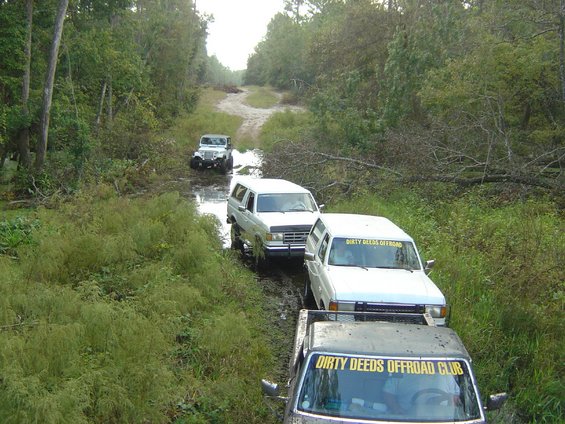 Line of lifted white Ford Broncos with Dirty Deeds Offroad Club banners in a muddy trail rut