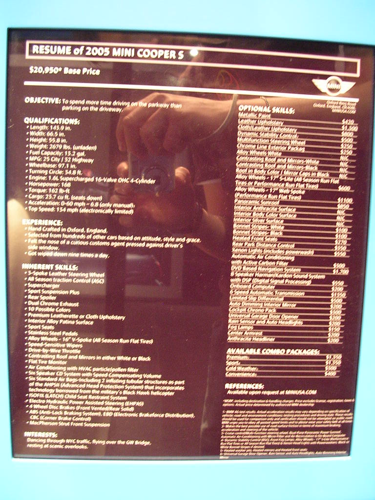 Document titled "RESUME of 2005 MINI COOPER S" with price and specifications