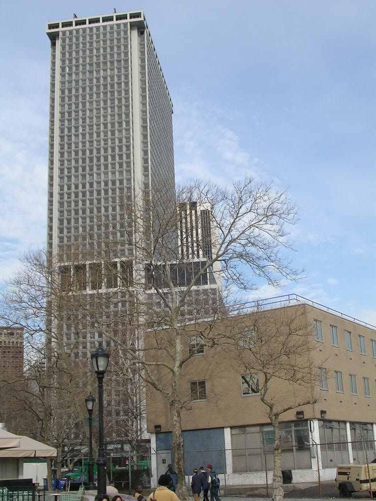 Tall office building and smaller tan building with bare trees in foreground