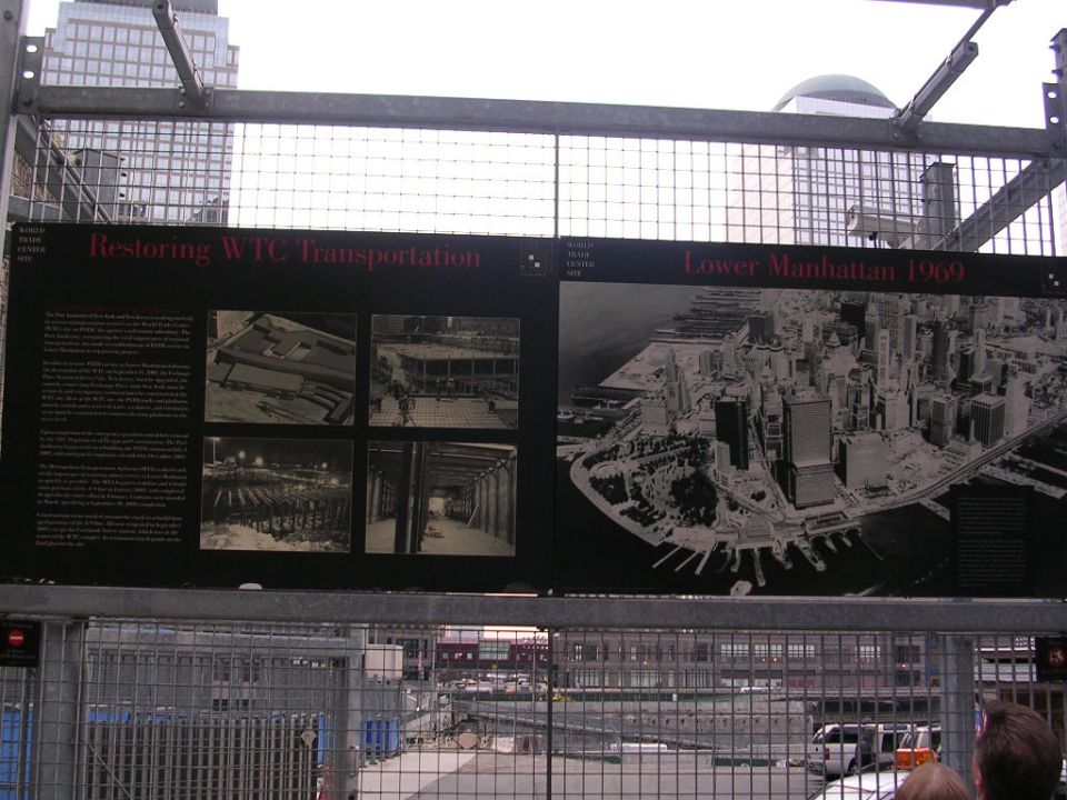 Display showing Lower Manhattan in 1969 and WTC transportation restoration