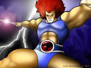 1989 Ford Bronco - Lion-O, Lord of the ThunderCats, wields the Sword of Omens amidst a stormy sky.