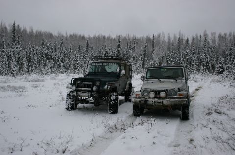 2003 Jeep TJ - Two Jeep Wranglers navigate a snowy trail surrounded by a dense forest.