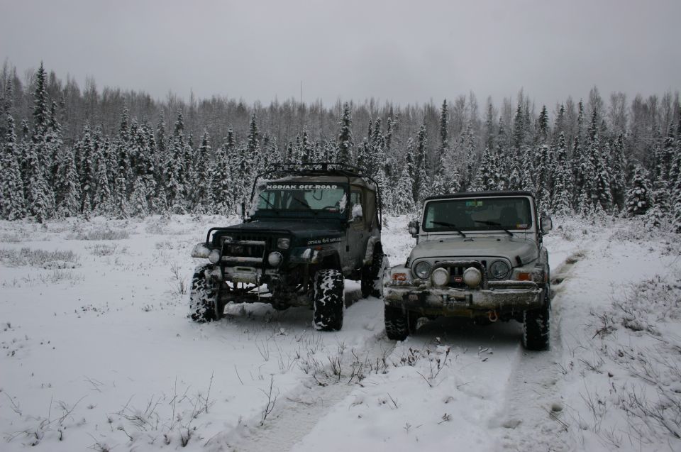 Two Jeep Wranglers in a snowy forest, one dark green, one silver
