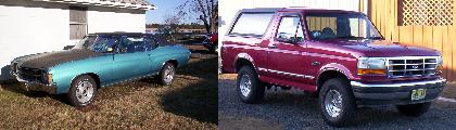 1995 Ford Bronco - A 1995 Ford Bronco is parked next to a teal classic car in a gravel lot.