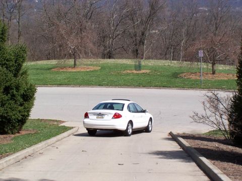 2001 Ford Taurus - A white 2001 Ford Taurus is viewed from the rear in a parking area with a natural landscape behind it.