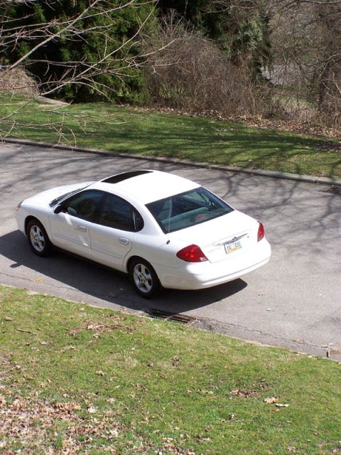 2001 Ford Taurus - White 2001 Ford Taurus sedan seen from the rear, parked on a residential street.