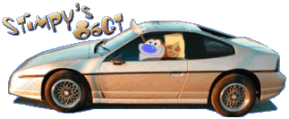 1986 Pontiac Fiero - Cartoon characters are depicted inside a 1986 Pontiac Fiero with text 'STIMPY'S 86GT' on the image.