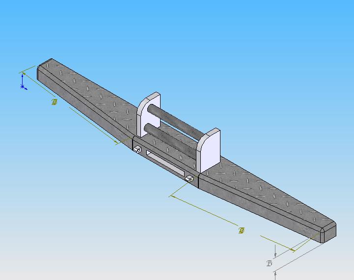 3D CAD render of a step bumper with dimension lines and arrows