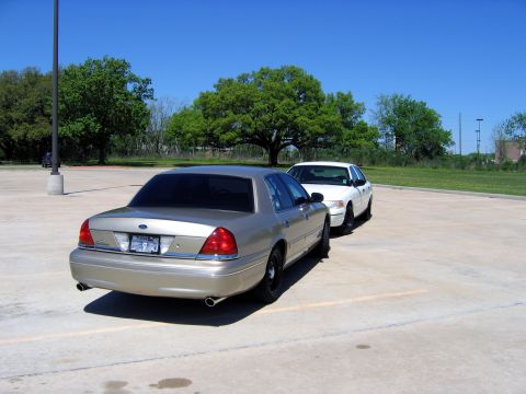 2000 Ford Crown Victoria - Two Ford Crown Victorias are parked in a lot under a large tree on a sunny day.