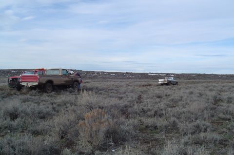 1978 Ford Bronco - Two trucks are parked in a dry, brushy field under a cloudy sky. A third truck is visible in the distance.