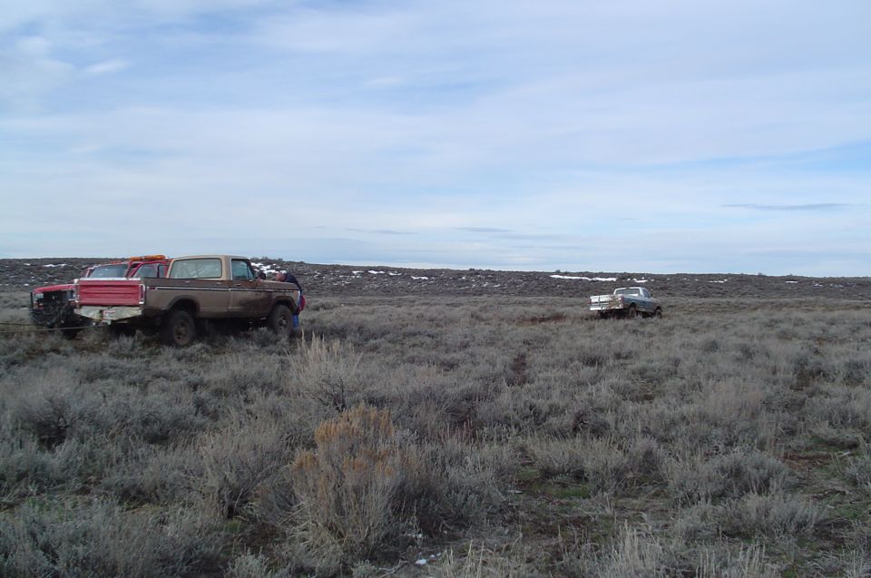 Brown Ford Bronco and red Ford truck parked in a field with sagebrush. Another truck is visible in the distance