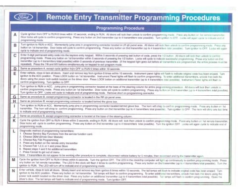 1993 Ford Bronco - This document outlines the steps for programming Ford remote entry transmitters.